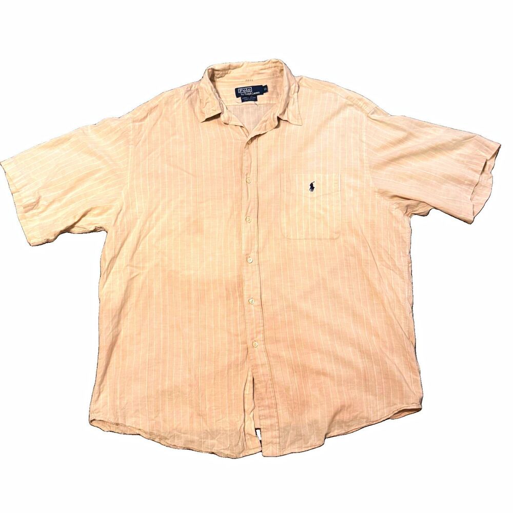 Polo Ralph Lauren Lowell Sport Shirt Mens XL Beige Striped Cotton Button-Up SS